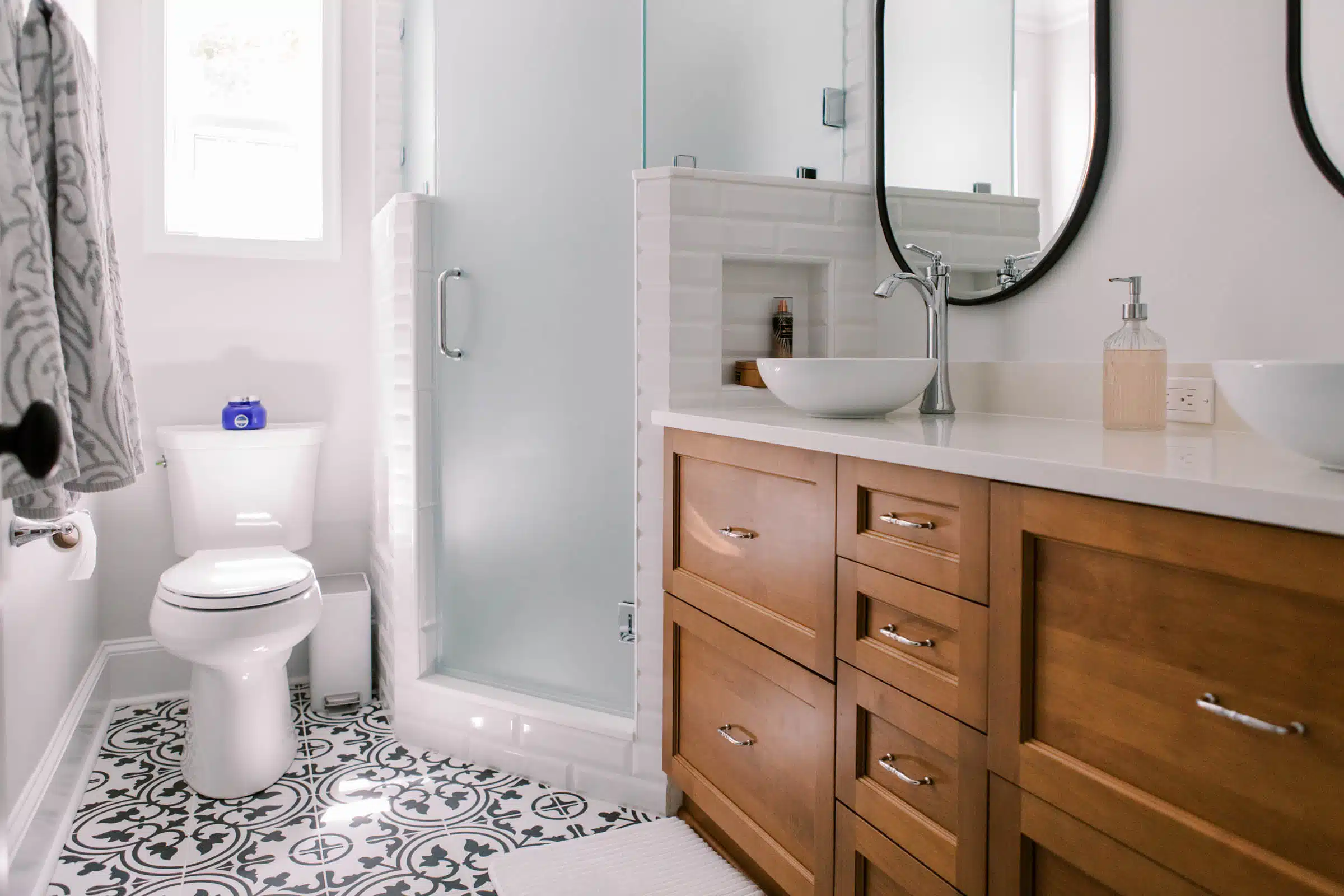 Bath trends like this graphic tile and vessel sink are not always practical