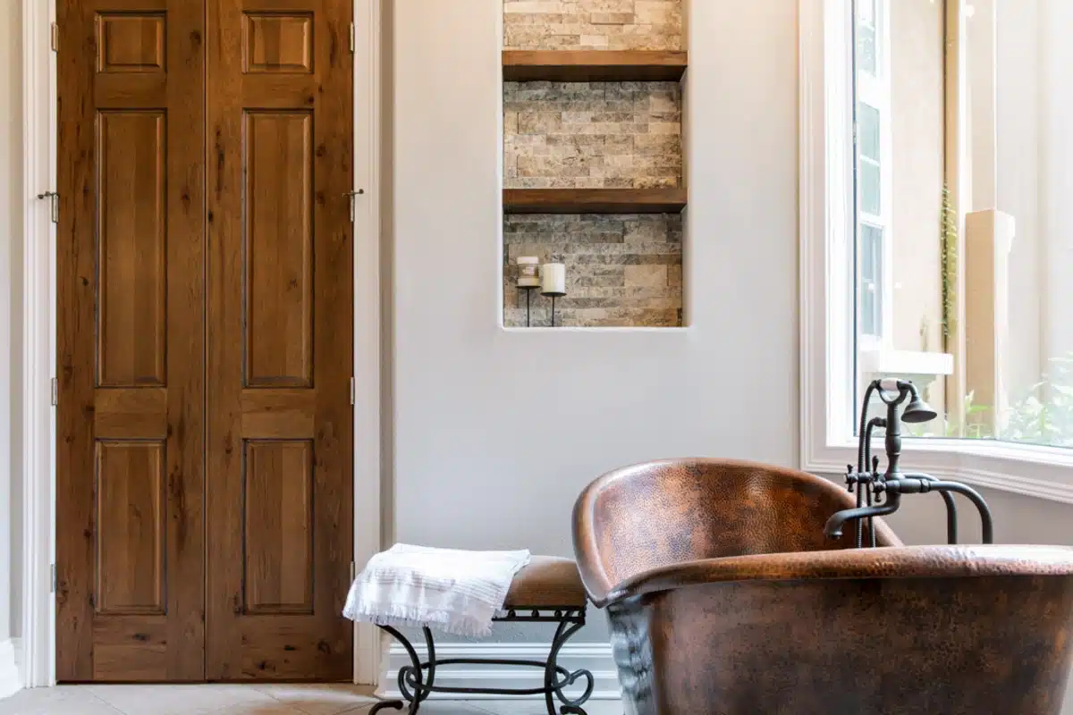 Bathroom Design: Copper tub in large rustic bathroom