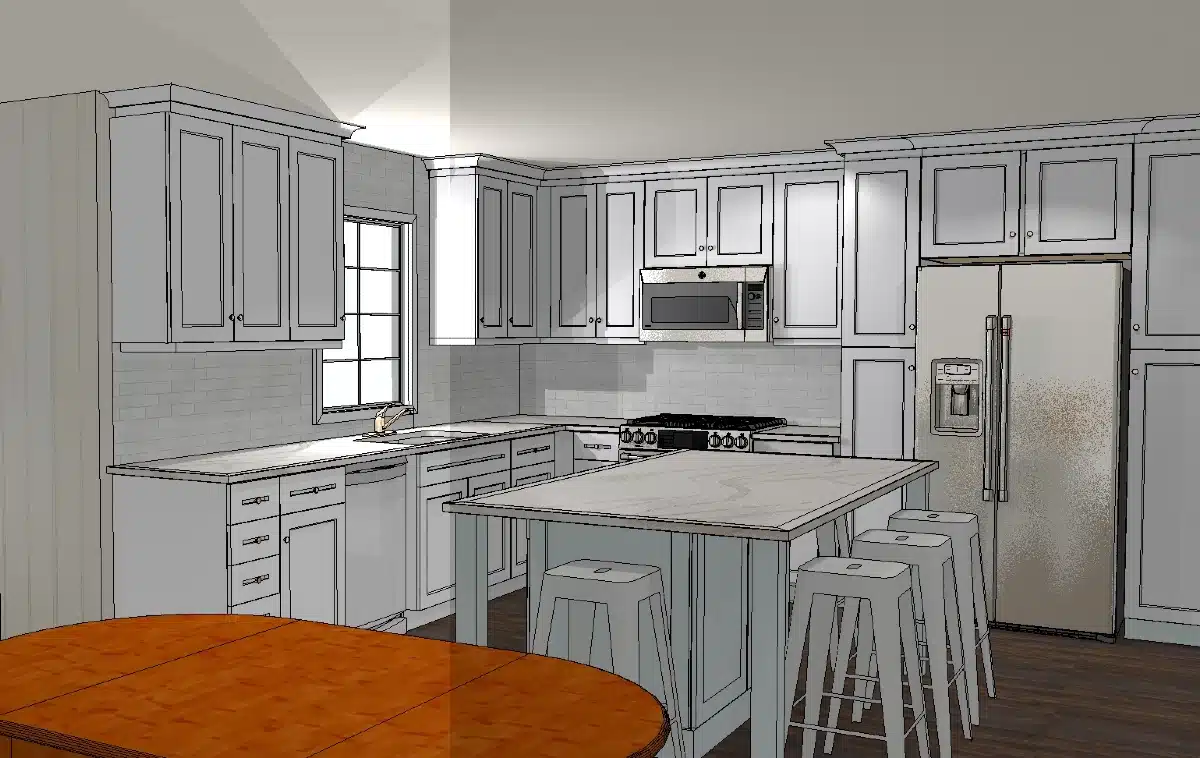 Kitchen with light blue cabinets and white countertops